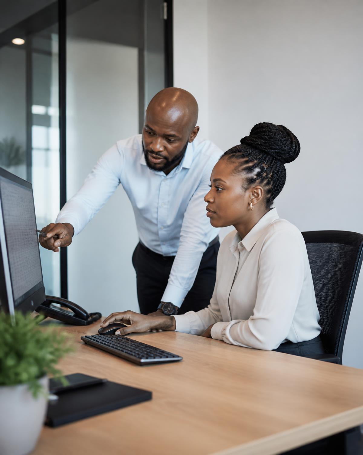 A senior consultant coaching a colleague through a financial spreadsheet at an office desk