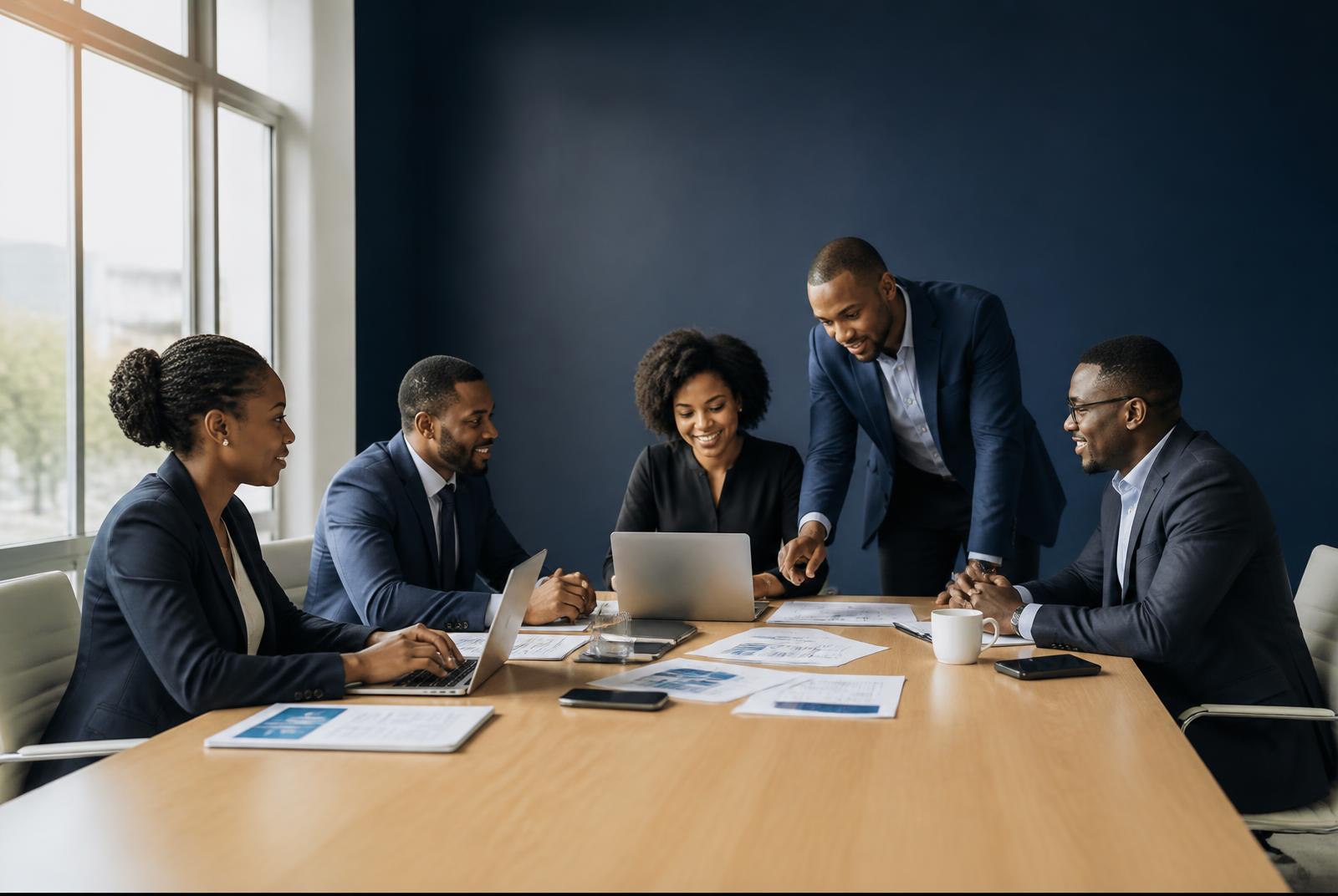 Soteria Consult colleagues reviewing financial reports together in a modern office boardroom